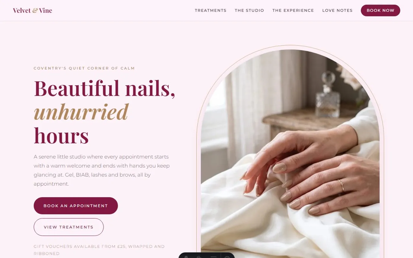 Velvet & Vine Beauty Studio, a sample nail salon website we designed